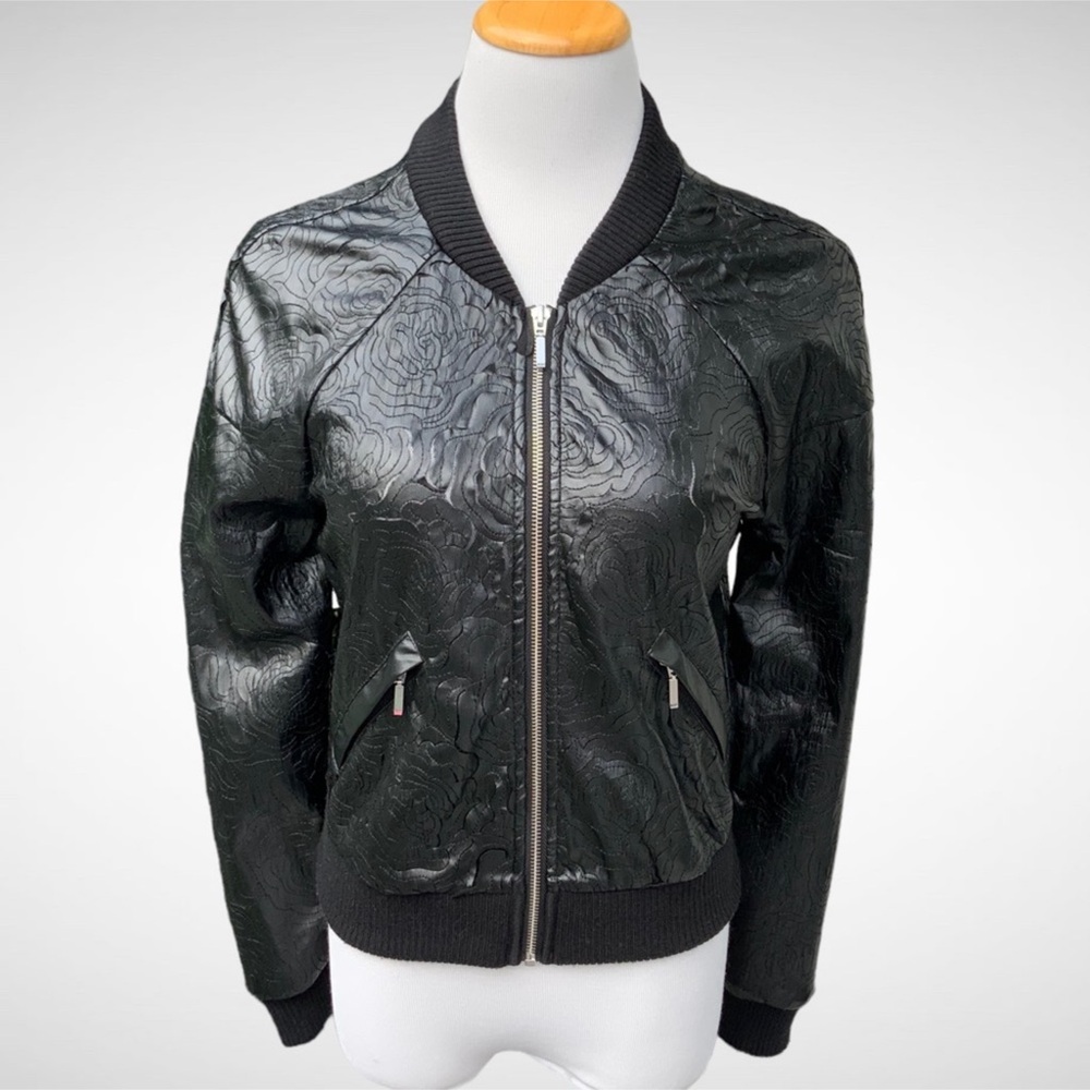 NWT BNCI Boundless North Clothing Intl PU Black Laser-Cut Bomber Jacket
